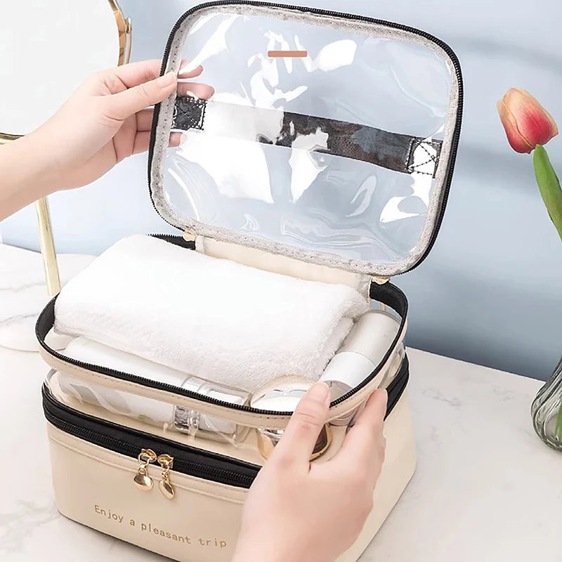2026 Waterproof PVC Women Cosmetic Bag Portable Traveling Leather Toiletries Big Capacity Travel Makeup Organizer