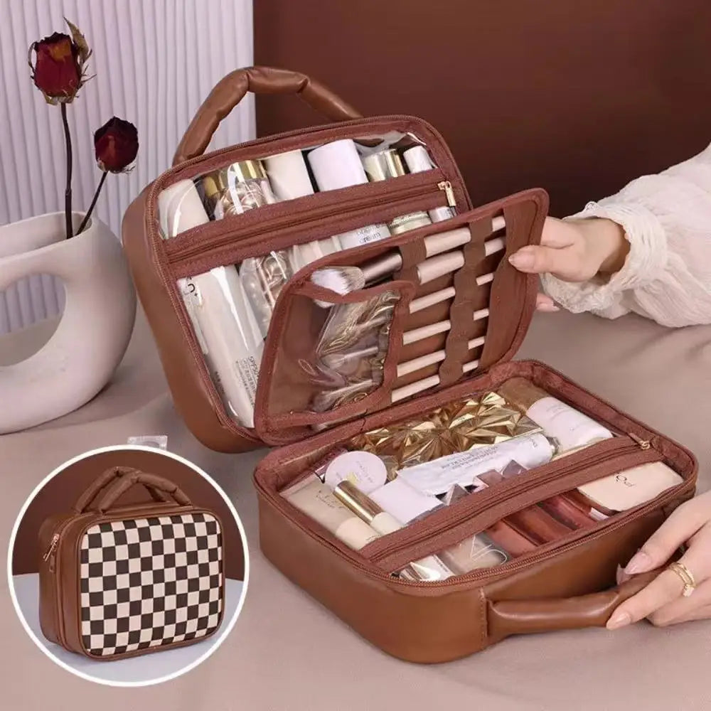 Luxury Checkered Cosmetic Bag For Women Large Capacity Waterproof Makeup Toiletry Bag Brown Melard Travel Wash Storage Bag