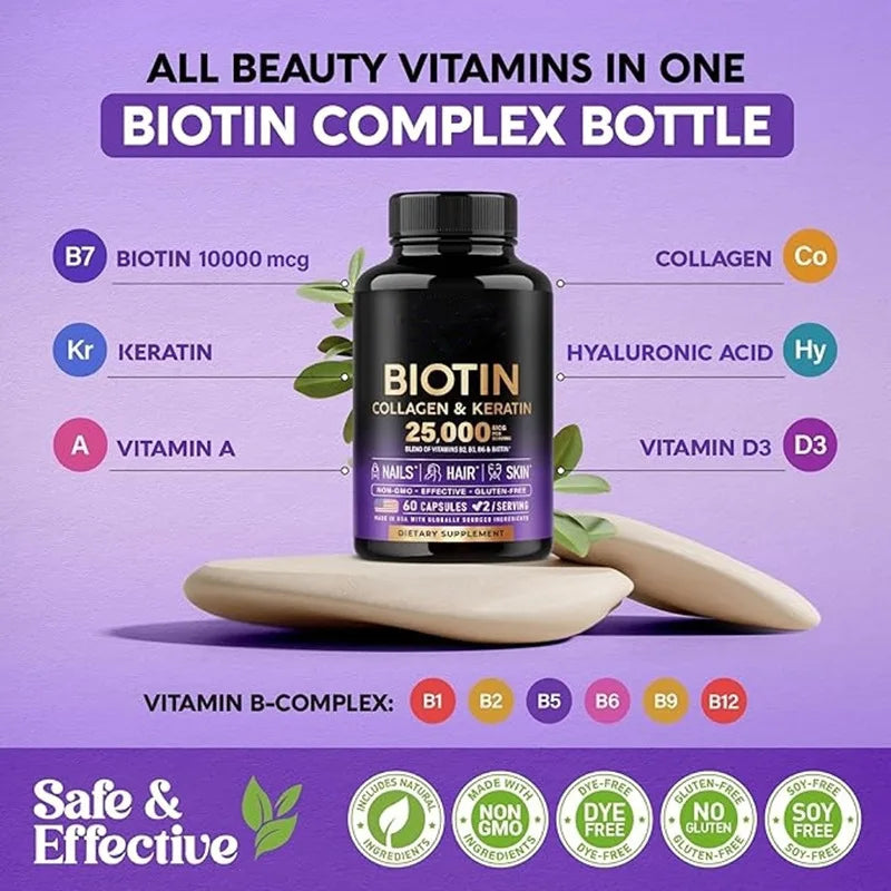 Biotin Capsules Contain Collagen and Vitamin B2, B3, B6 & B7 for Women Men Hair Care Supplements Skin & Nails Support 60 Pieces