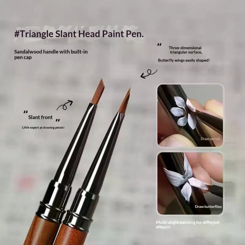 Round Wood Handle Triangular Petal Nail Brush Acrylic Nail Art Liner Brush Stripes Grid Flower Painting Drawing PenManicure Tool