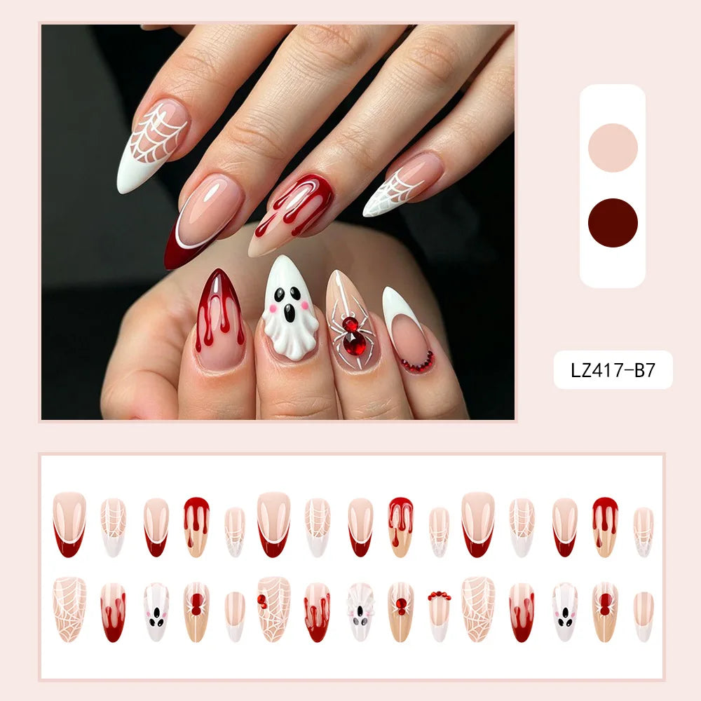 24Pcs Halloween Press On Nails White French Tip Burgundy Blood Drip Spider Web Spider Ghost Almond Fake Nails for Women