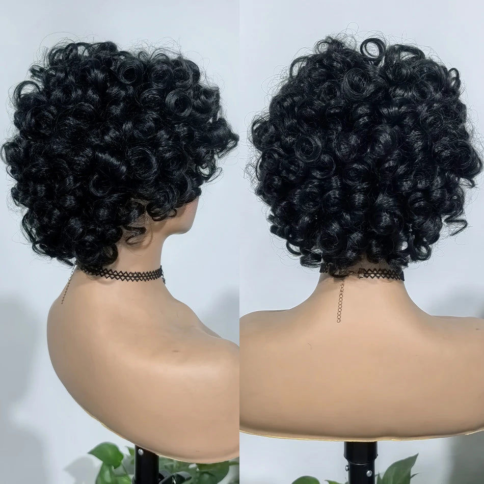 100% Brazilian Virgin Human Hair Short Curly Wigs for Black Women Non Lace Glueless Natural Black Deep Curly Wigs With Bangs