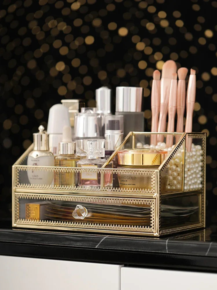 Golden Glass Cosmetic Storage Box Makeup Organizer Perfume Bathroom Make Up Tools Box for Cotton Pads Jewelry Display Rack