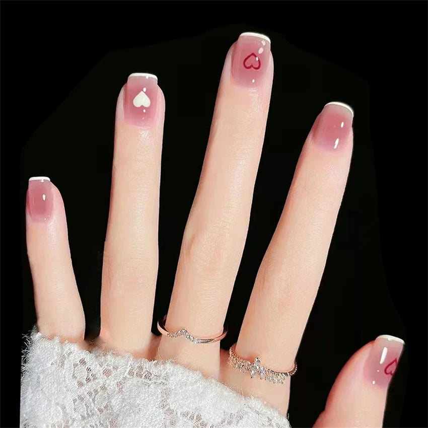 24 Pcs/Set Valentine's Day Long Almond Fake Nails Shape Novelty Pearl Bow Love Press on Nails Art Full Cover Stick-on Nails Tips