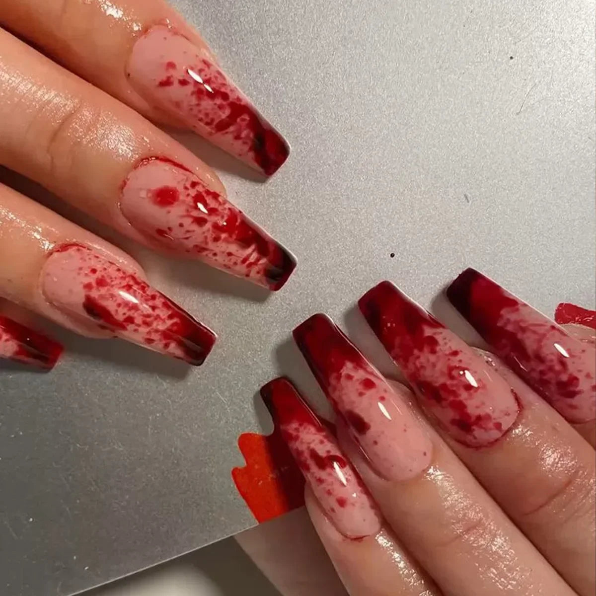 24Pcs Long pointed Halloween False Nails White Irregular Flame Stripes Nail Art Fake Nail Stickers For Women and Girls