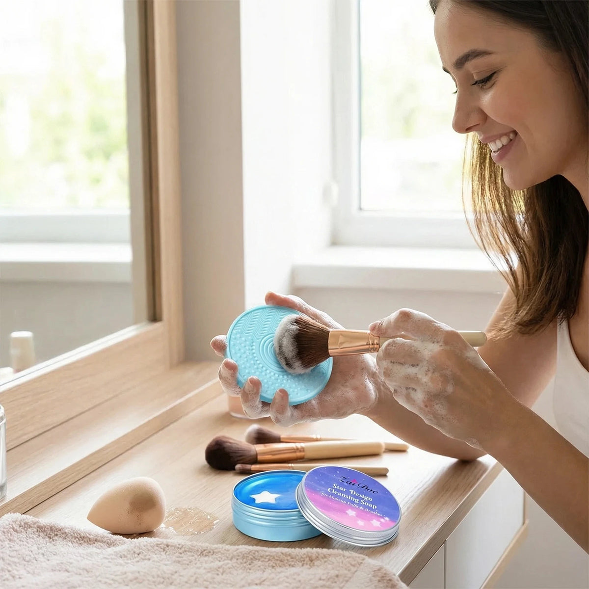 ZaiDoc Makeup Brush Cleaning Soap Blue Starry or Pink Peach Oolong with Cleaning Pad 2-in-1 Solid Brush Cleaner Mat for Beauty Blender Sponge Makeup Gentle Deep Cleaning Tool