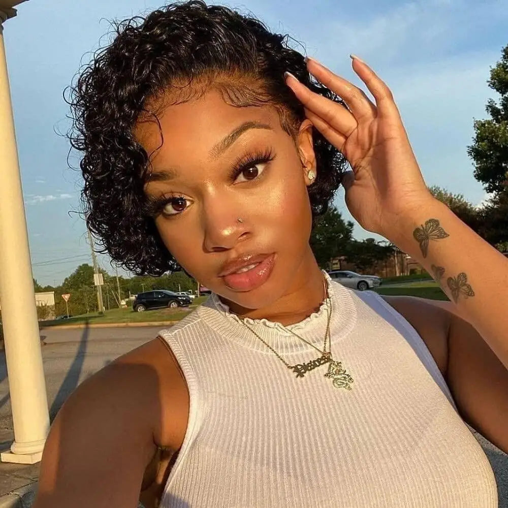 Short Curly Pixie Cut Wig Human Hair 13x1 Lace Short Curly Wigs For Black Women 6 inch Natural Color Pixie Cut Lace Front Wig