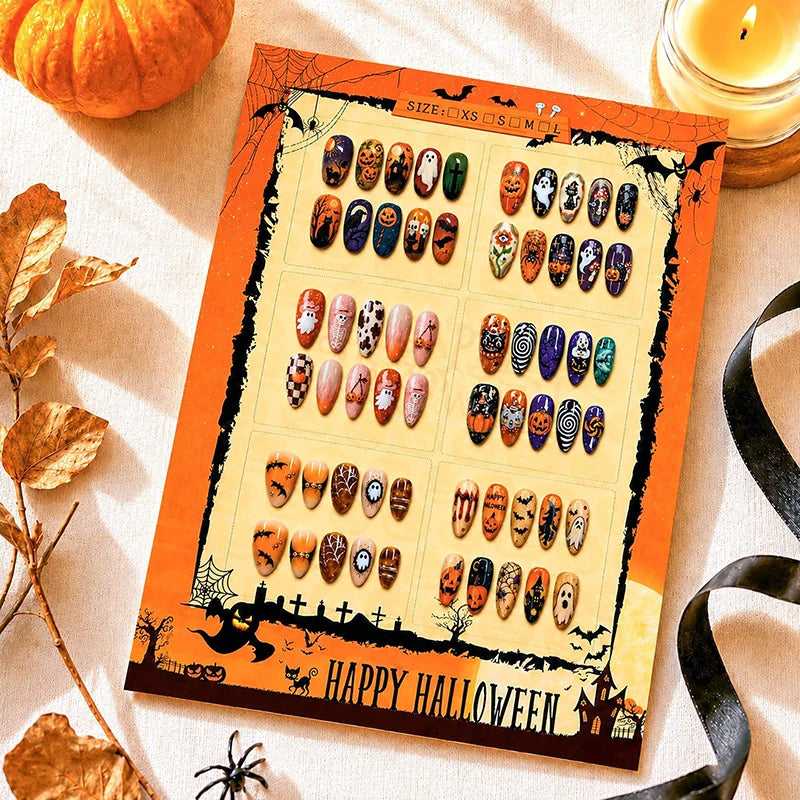 6 Sets Halloween Style Almond-Shaped Press On Nails with of 3D Embossed Pumpkin Bat Checkerboard Ghost Acrylic Fake Nail