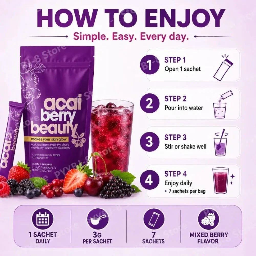 Beauty Berry Drink Powder for Daily Glow Support | Acai Raspberry Cranberry Elderberry Blend | 7 Sachets | Natural Antioxidant