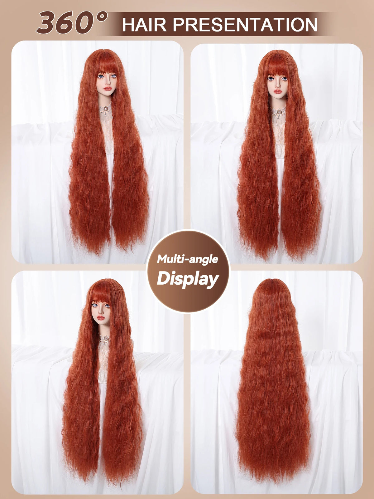 Copper Red Super Long Curly Synthetic Wig with Bangs Ginger Lolita Wavy Heat Resistant Cosplay Halloween Party Wigs for Women