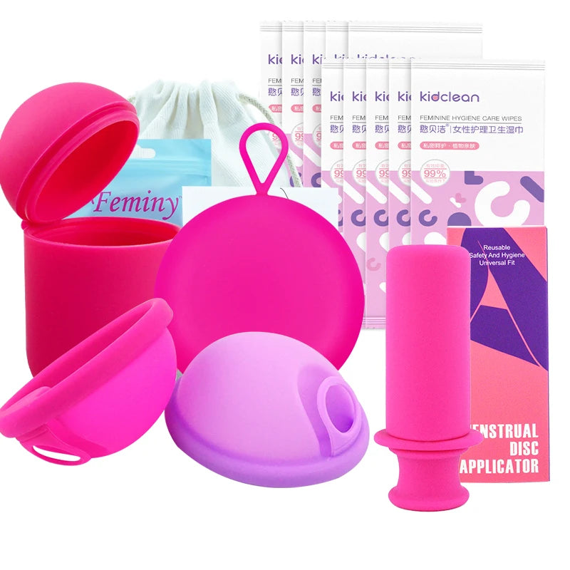 Feminy Menstrual Disc Kit Medical Grade Reusable Soft Silicone Period Disc with Sterilizer Case Applicator Leakproof Monthly Cup