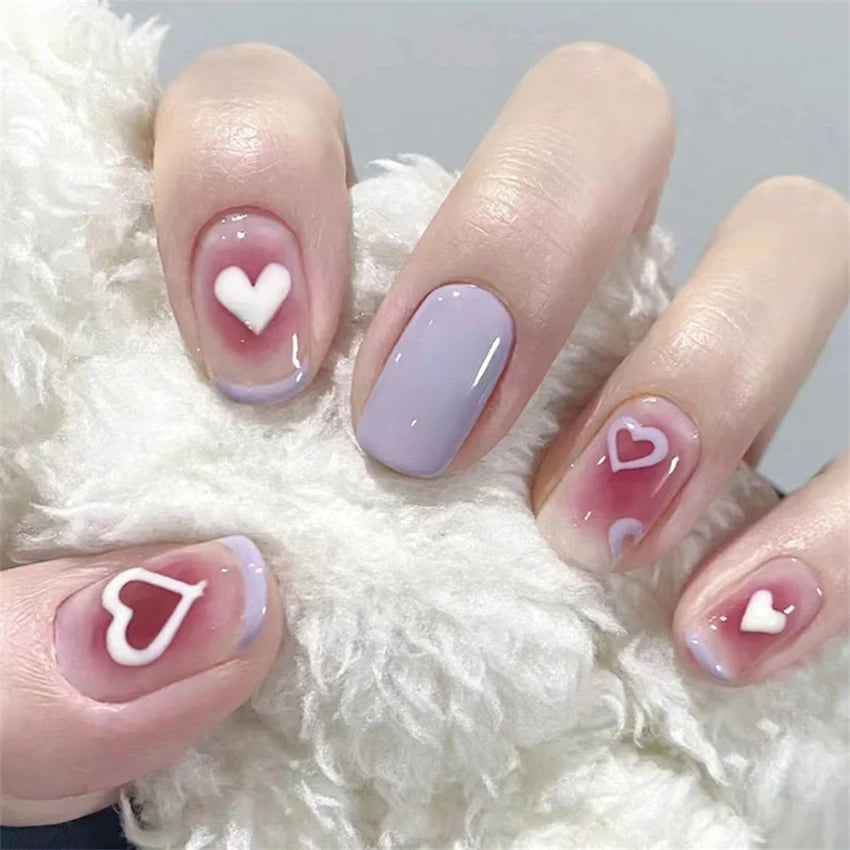 24 Pcs/Set Valentine's Day Long Almond Fake Nails Shape Novelty Pearl Bow Love Press on Nails Art Full Cover Stick-on Nails Tips