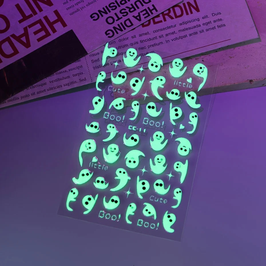Halloween Nail Stickers - 3D Glow in Dark Cute Ghost Design Luminous Self Adhesive Nail Decals for Halloween