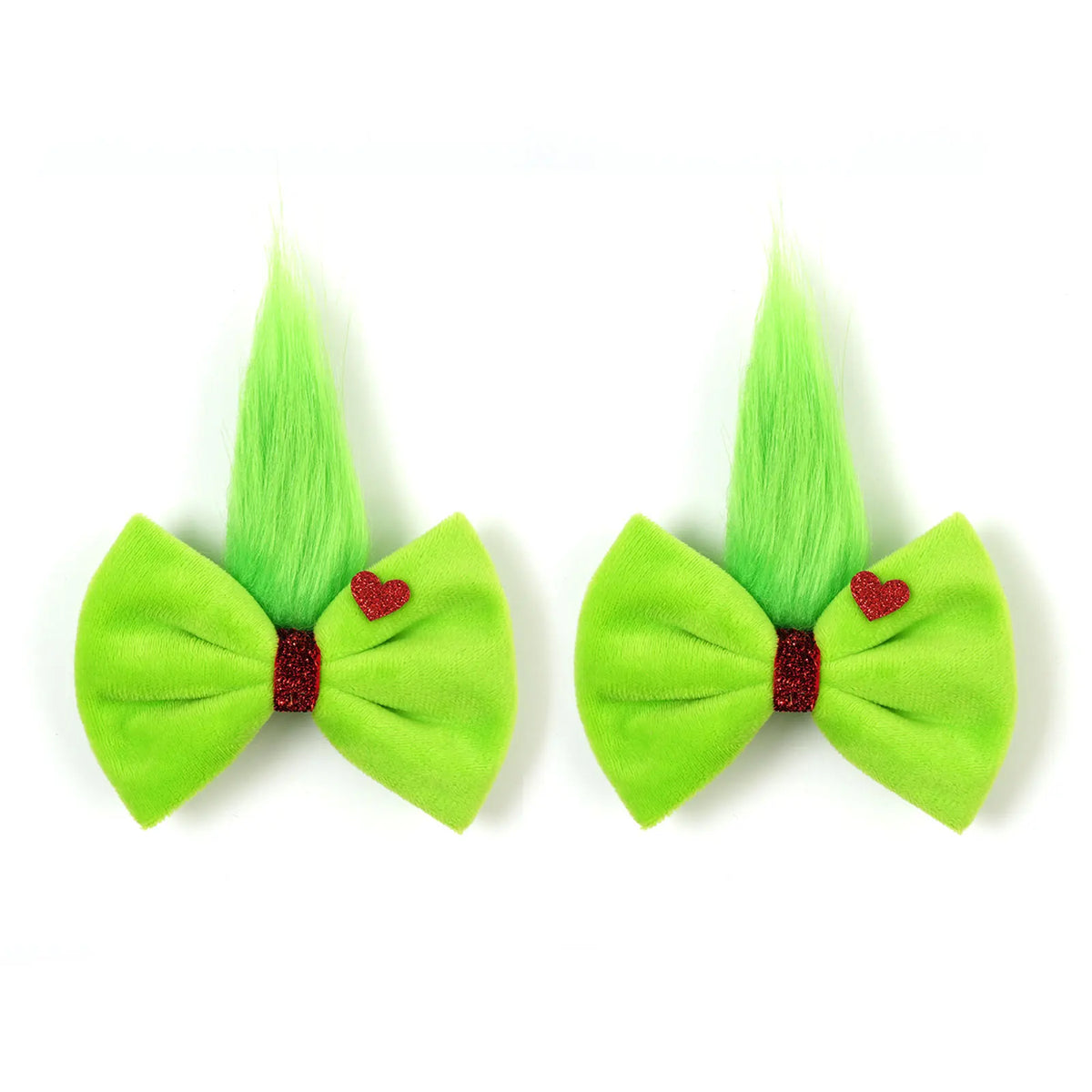 2pcs Girls Green Fuzzy Bow Christmas Grinch Ears Hair Clips Headband Glitter Heart Perfect for Holiday Parties & Photo Props