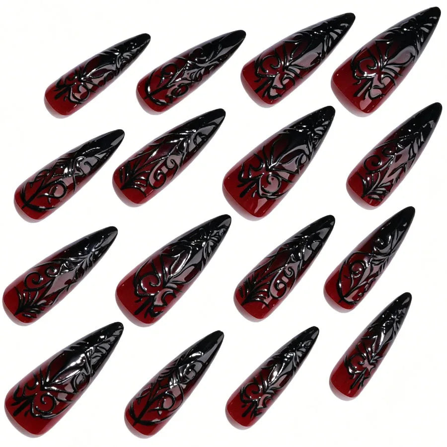 24Pcs Fake Nails Halloween-Themed Long Pointed Nails with Embossed Blood-Red Spider Web Gradient Design Press-On Nails