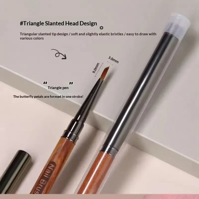 Round Wood Handle Triangular Petal Nail Brush Acrylic Nail Art Liner Brush Stripes Grid Flower Painting Drawing PenManicure Tool