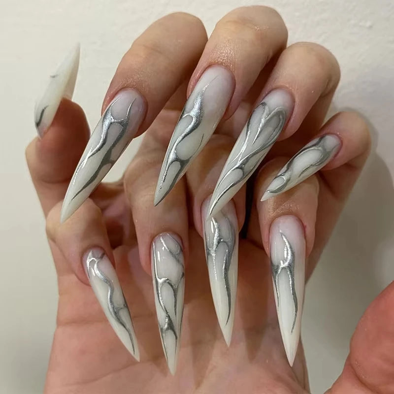 24Pcs Long pointed Halloween False Nails White Irregular Flame Stripes Nail Art Fake Nail Stickers For Women and Girls
