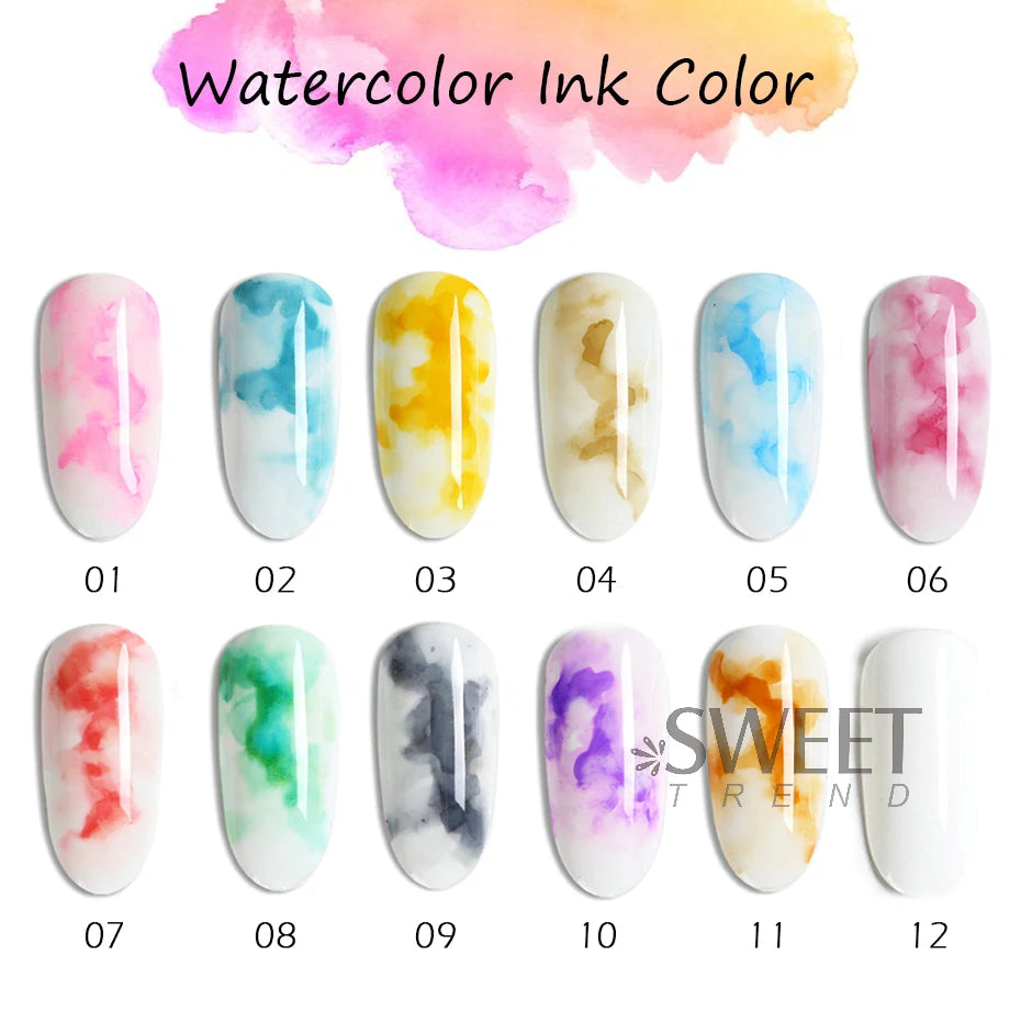 12pcs Watercolor Nail Gel Polish Smudge Blooming Ink Soak Off Varnish Marble Bubble Designer Charm Blossom Flower Manicure Decor