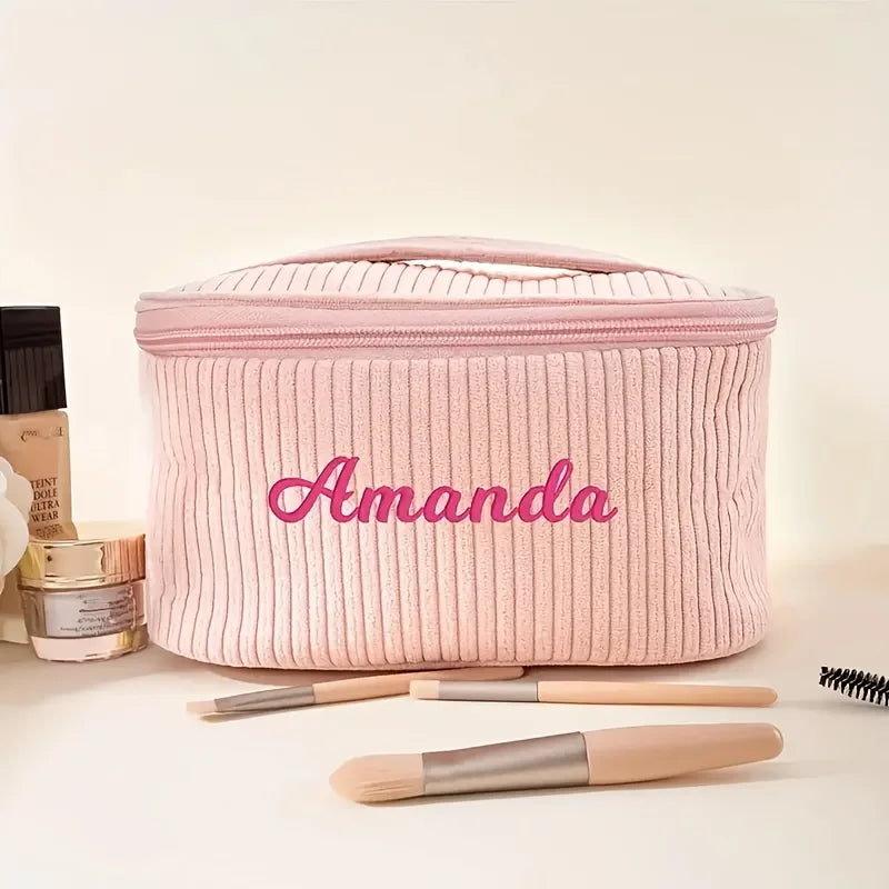 Corduroy Makeup Bag Large Capacity Travel Cosmetic Case Personalized Name Embroidery Toiletry Bag Women Portable Organizer