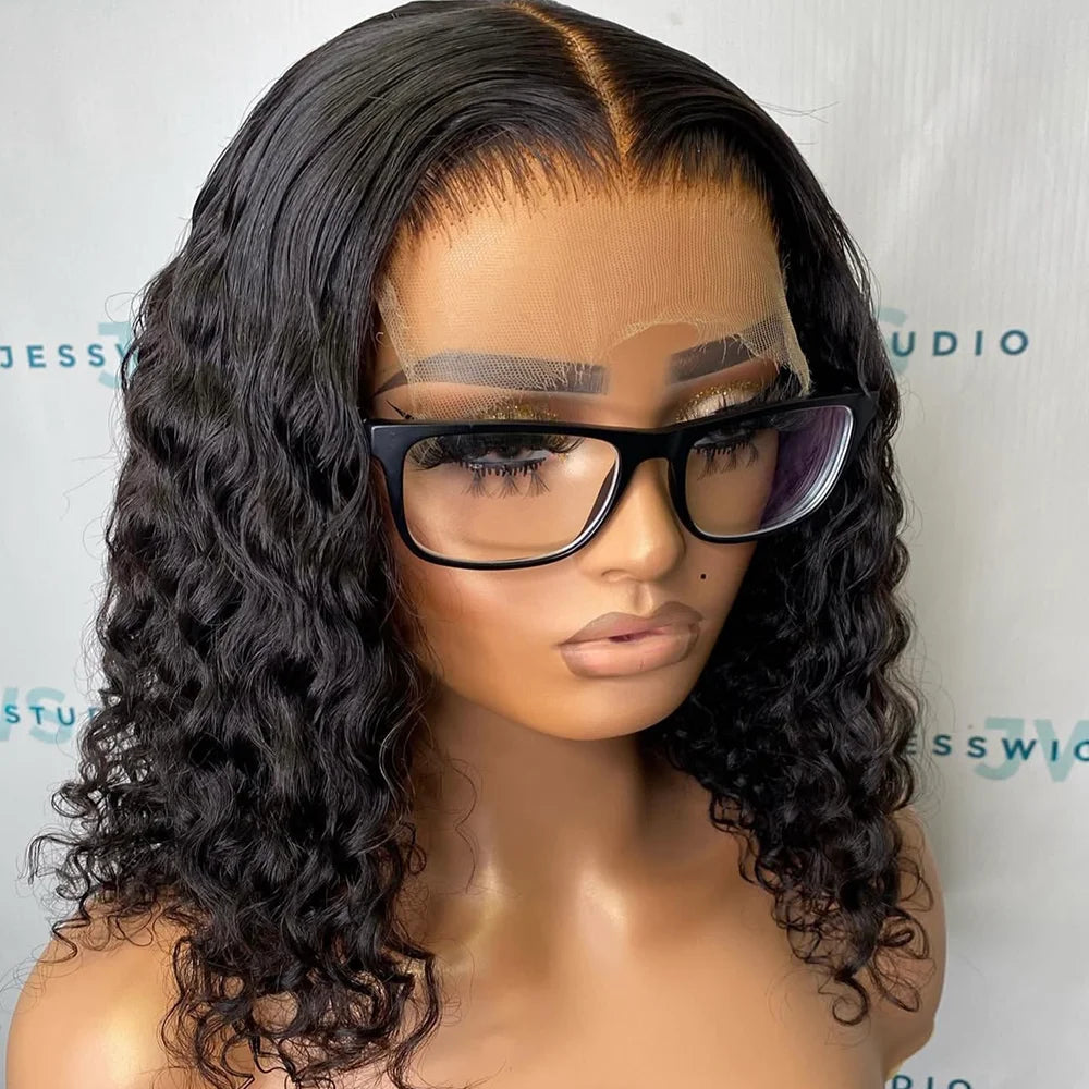 Short Bob Curly 13x4 Lace Front Human Hair Wigs Brazilian Virgin 100% Human Hair Deep Wave Bob Wigs 200% Density 4x4 Closure Wig