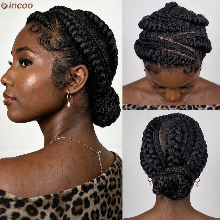Short Bantu Knotless Braided Wigs Synthetic Full Lace Wig Box Braids Low Buns Wig Glueless Cornrow Braiding Hair Wigs For Women