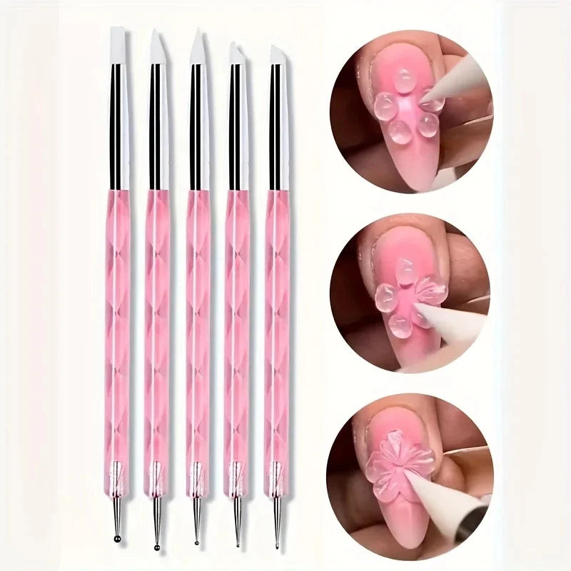 5pcs/Set Dual-end Nail Silicone Brushes Nail Art Dotting Pens Gel Polishable Carving Drawing Painting Tip Tools Nail Styling Pen