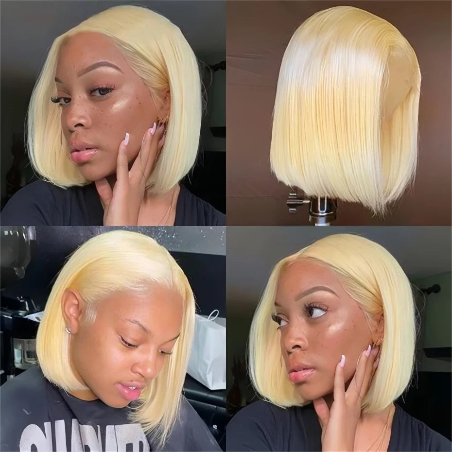 Short Bob Wig Human Hair 13x4 13x6 Transparent Lace Front Human Hair Wigs For Women 613 Honey Blonde Color Lace Frontal Wigs Pre Plucked 220% Density 10 12 14 inch Straight Brazilian Hair