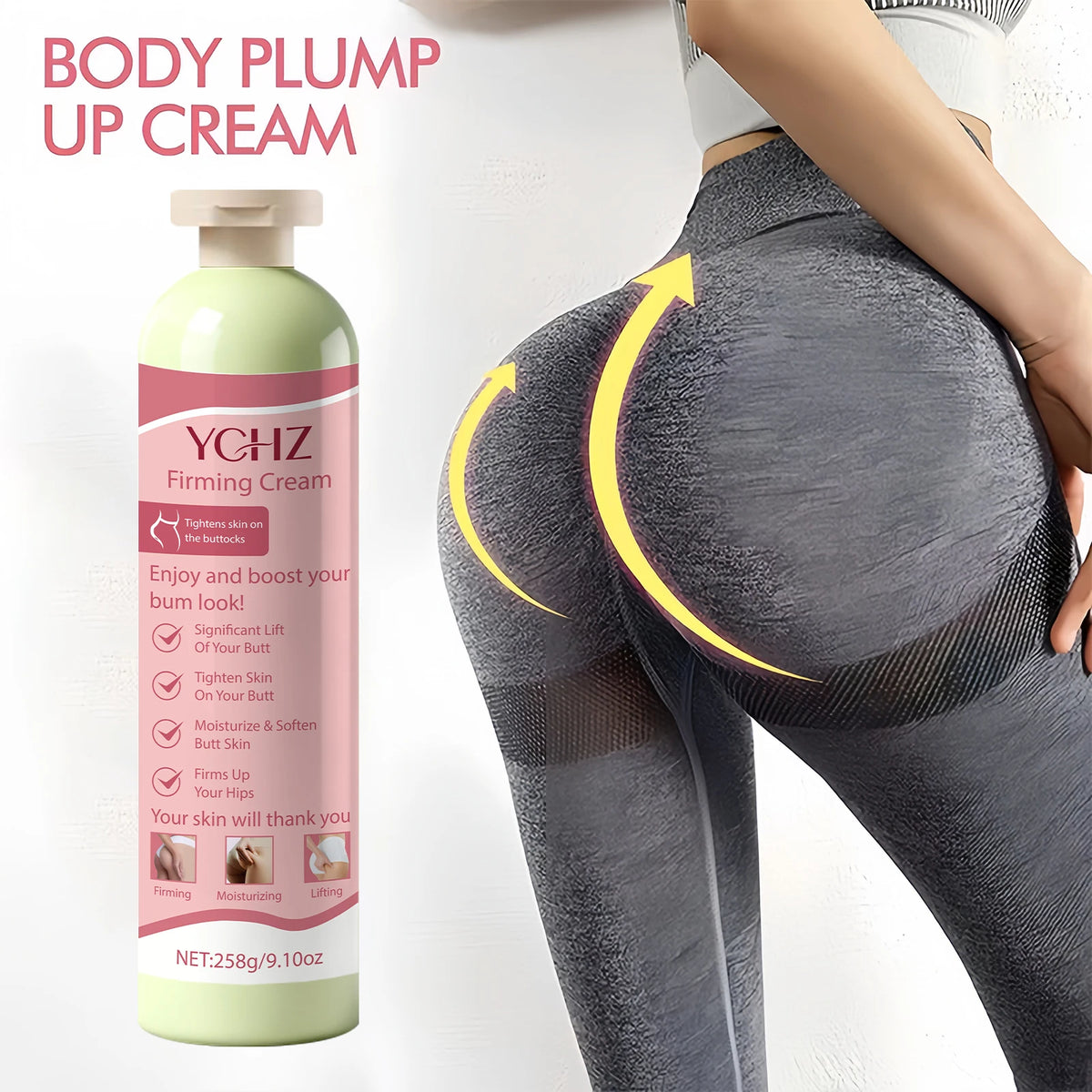 Firming Butt Cream - Hypoallergenic Firming and Moisturizing Body Cream with Collagen, Ceramide, Hyaluronic Acid, and Elastin - Lactose-Free, Firming Effect, 258g
