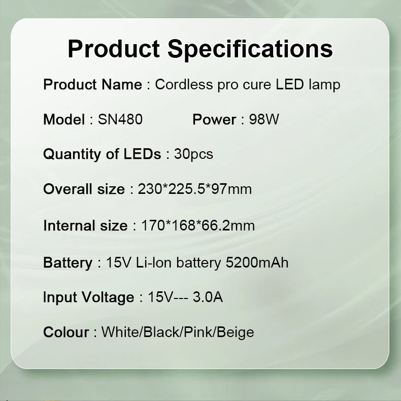 Rechargeable 98W Pro Cure LED Nail Lamp Dryer Portable Machine Nail Red Light UV LED Lamp Curing Gel