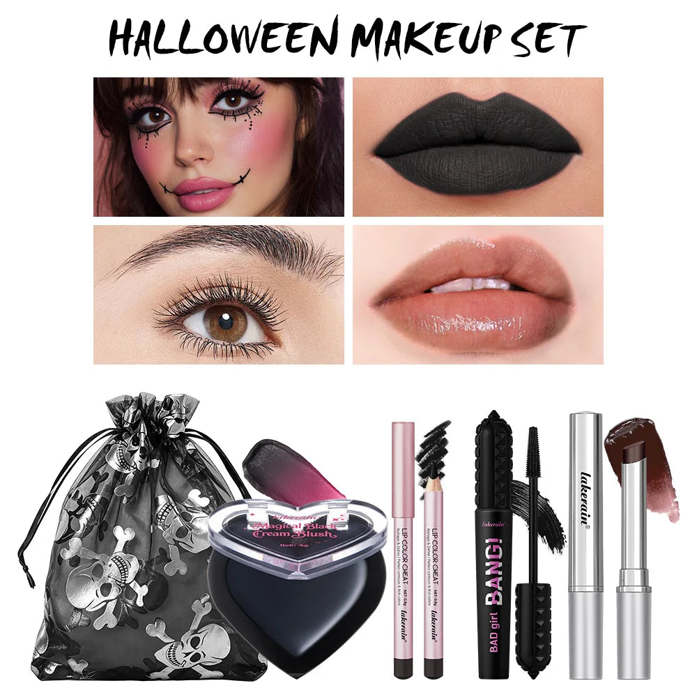 Halloween Gothic Makeup Kit High Saturated Color Long-Lasting Easy Off Safe Formula Blush Lip Crayon Mascara for Daily & Party