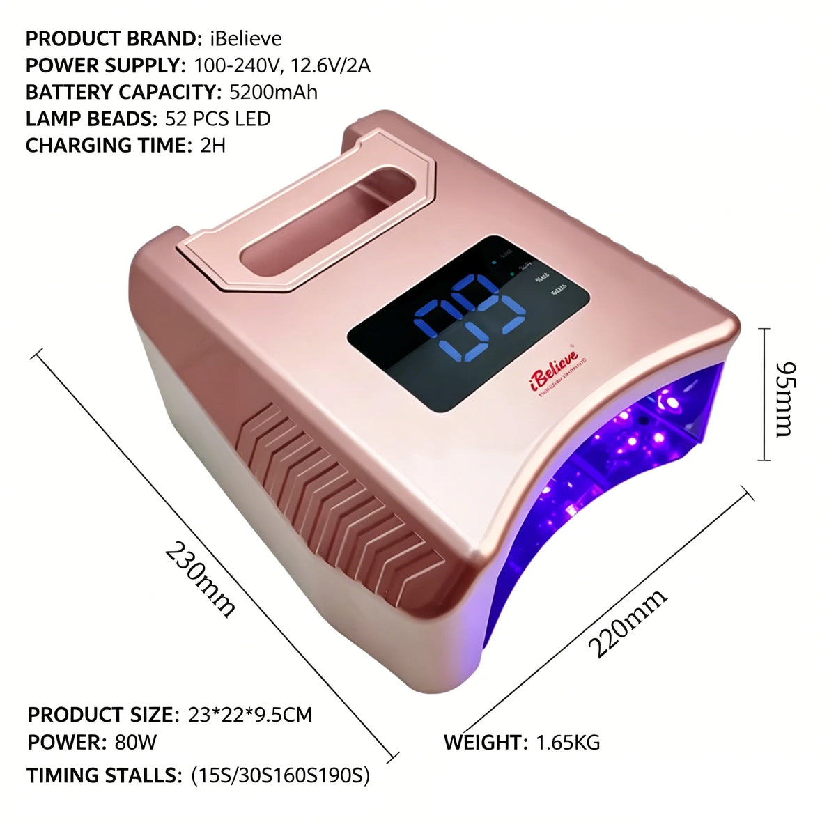 Ibelive Professional 80W Rechargeable UV LED Nail Lamp, 52pcs LED Bulbs 90S Cordless Nail Dryer for Salon Manicure