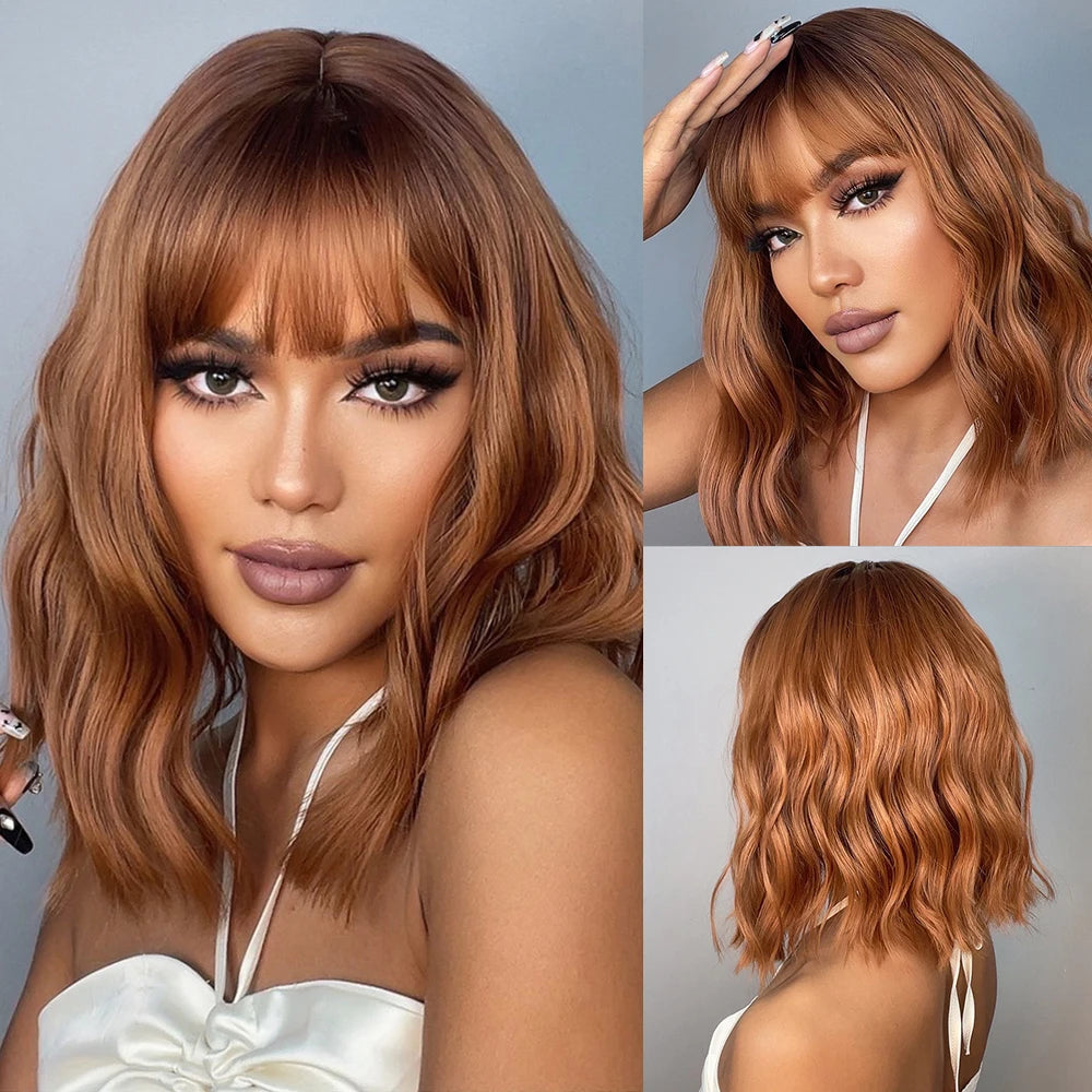 EASIHAIR Short White Bob Synthetic Wigs Short Wavy Lolita Natural Hair Wigs with Bangs for Women Heat Resistant Cosplay Wig