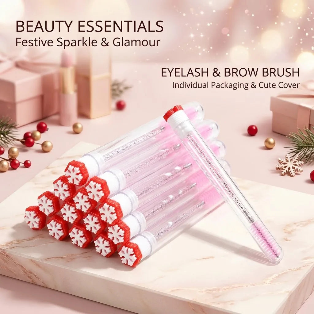 10pcs Christmas Mascara Eyelash Brush in Tube with snowflake, Dust-Proof Reusable Mascara Wand Lash Applicator Women Makeup Tool