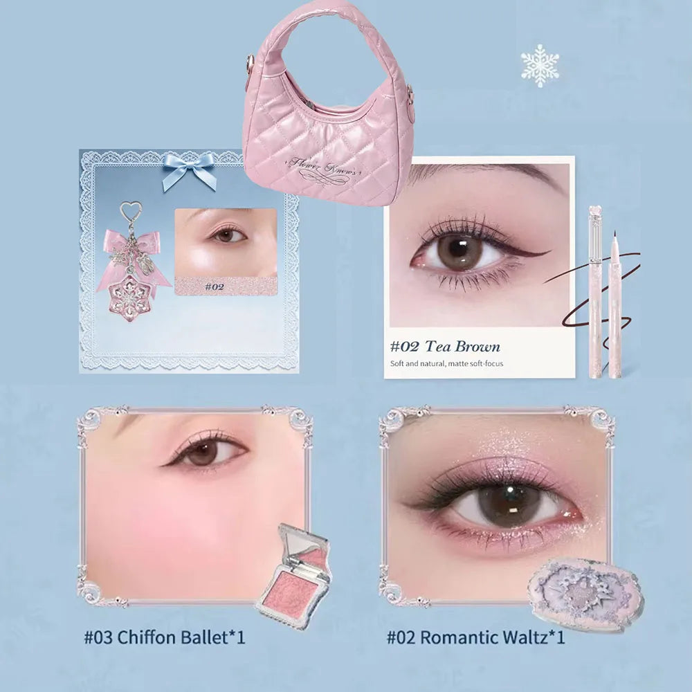 Flower Knows Snow Ballet Makeup Christmas Gift Set Eyeshadow,Blush,Lip Glaze Setting Powder with Cosmetic Bag Beauty Kit