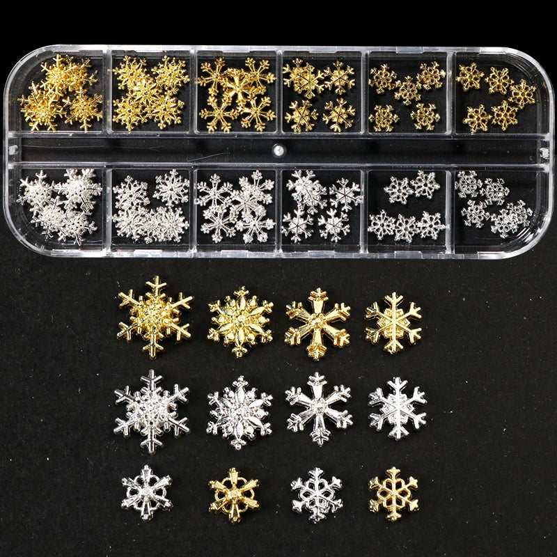 12 Grids 3D Metallic Snowflake Christmas Nail Decorations Gold Silver Snowflake Alloy Nail Charms Y2K Glitter Winter Nail Rivets