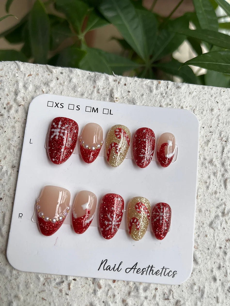 Hand Painted Christmas Fake Nails Short Almond Red Glitter Snowflake Candy Cane Pearl French Press On Nails Reusable  10 Pieces