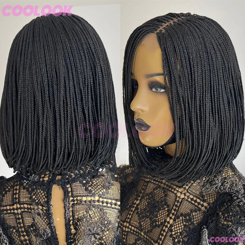 12" Short Braided Wigs For Women Synthetic Wig 6*6 Lace Braids African Wigs Cornrow Micro Black Wig