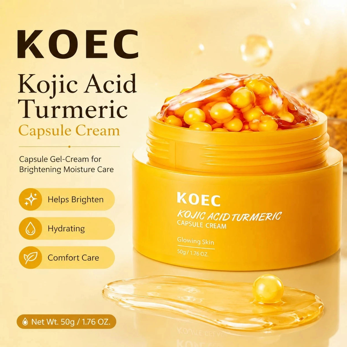 Kojic Acid Turmeric Capsule Cream with Niacinamide & Squalane, Skincare Kojic Acid Face Cream for Even Skin Tone & Glow Firming, Hydrating Capsule Cream, 50g/1.76oz