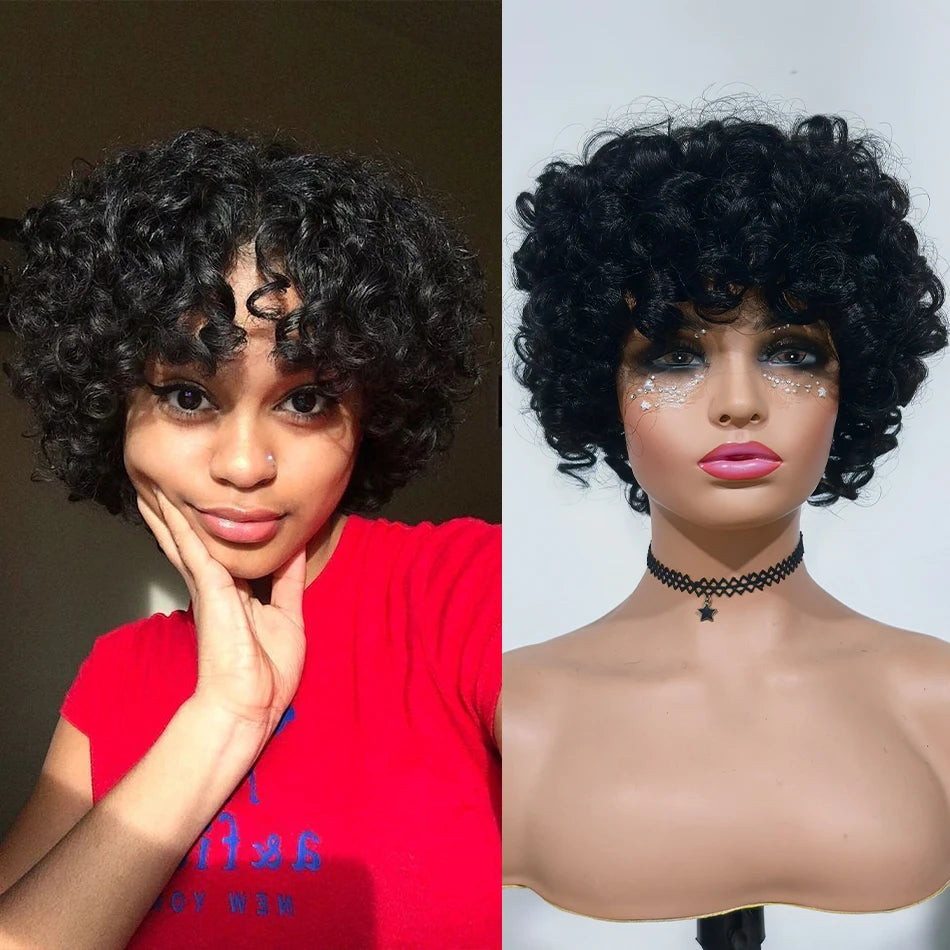 100% Brazilian Virgin Human Hair Short Curly Wigs for Black Women Non Lace Glueless Natural Black Deep Curly Wigs With Bangs