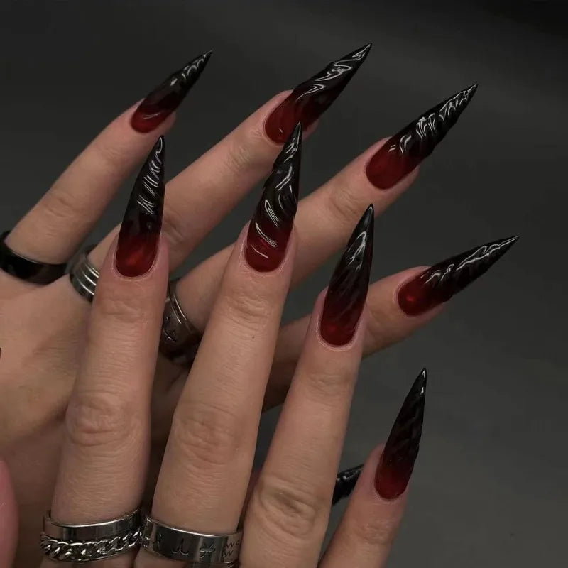 24Pcs Gothic Halloween Press on Nails Long Stiletto 3D Spiral Black‑Red Gradient Glossy Full Cover Fake Nails for Cosplay Party