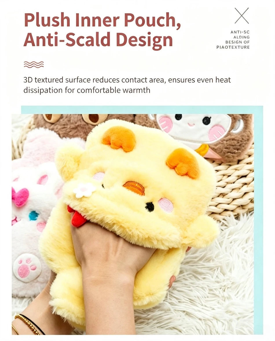 Cute Cartoon Plush Hot Water Bottle, Removable Plush Cover Thick Explosion‑proof PVC Hot Water Bag Hand Warmer for Winter