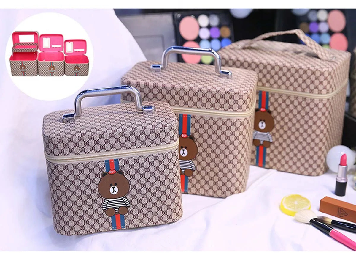 Large capacity new makeup bag Travel portable makeup case Portable high-end PU leather cosmetics storage bag cute bear pattern