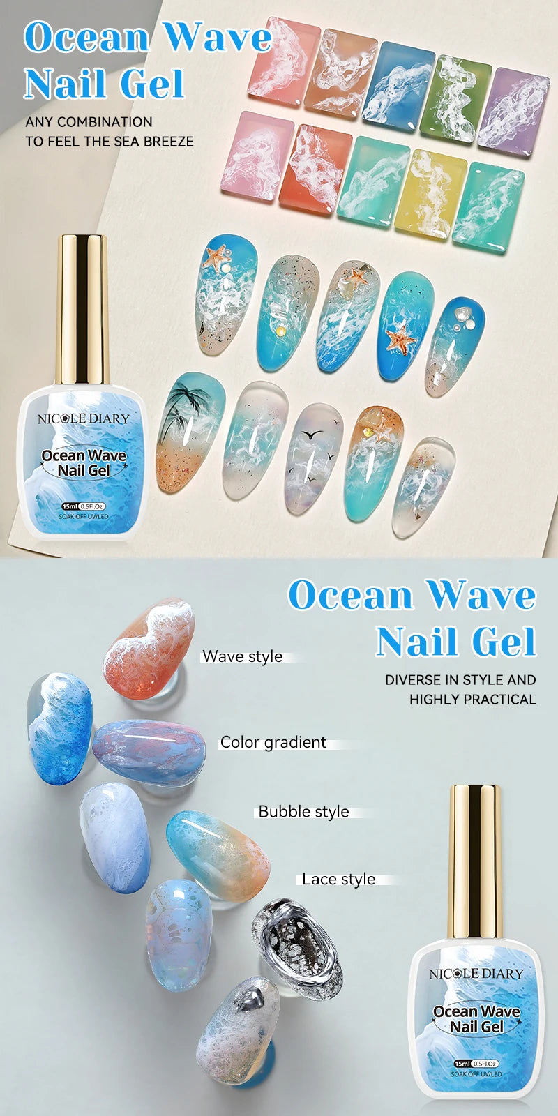 NICOLE DAIRY 15ml Bubble Ocean Wave Gel White Gel Nail Polish Summer Nail Poke Varnish UV LED Soak Off Gel For Nail Art Manicure