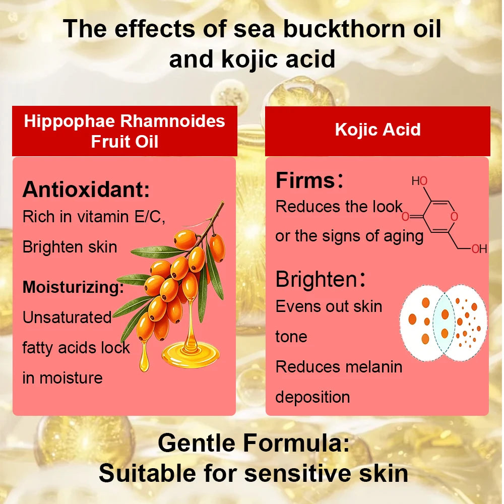 JUINHOU Natural Seabuckthorn Fruit Oil Kojic Acid Face Serum Deep Hydrating Skin Daily Facial Moisturizing For All Skin Types