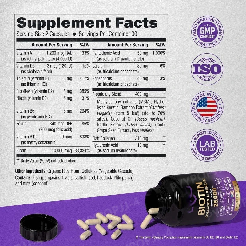 Biotin Capsules Contain Collagen and Vitamin B2, B3, B6 & B7 for Women Men Hair Care Supplements Skin & Nails Support 60 Pieces