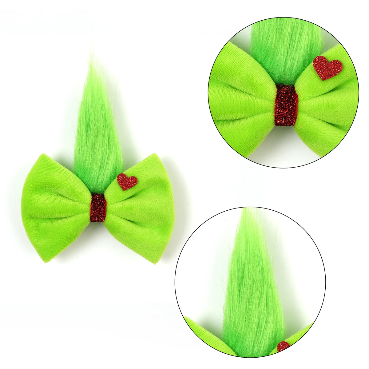 2pcs Girls Green Fuzzy Bow Christmas Grinch Ears Hair Clips Headband Glitter Heart Perfect for Holiday Parties & Photo Props