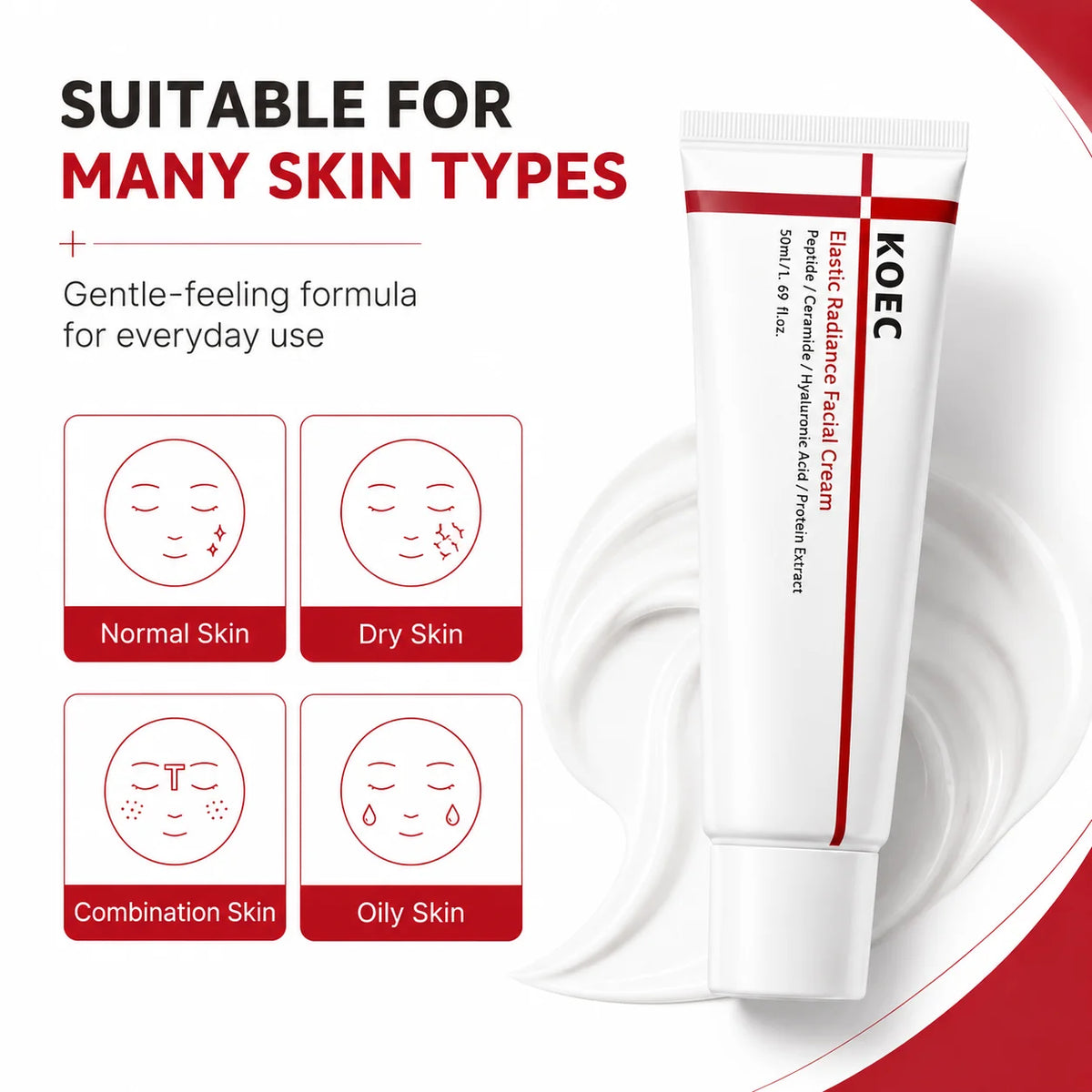 KOEC Elastic Radiance Facial Cream with Peptides, Ceramides & Centella Asiatica | Soothing Moisturizer for Face Cream, 1.69 Fl. oz