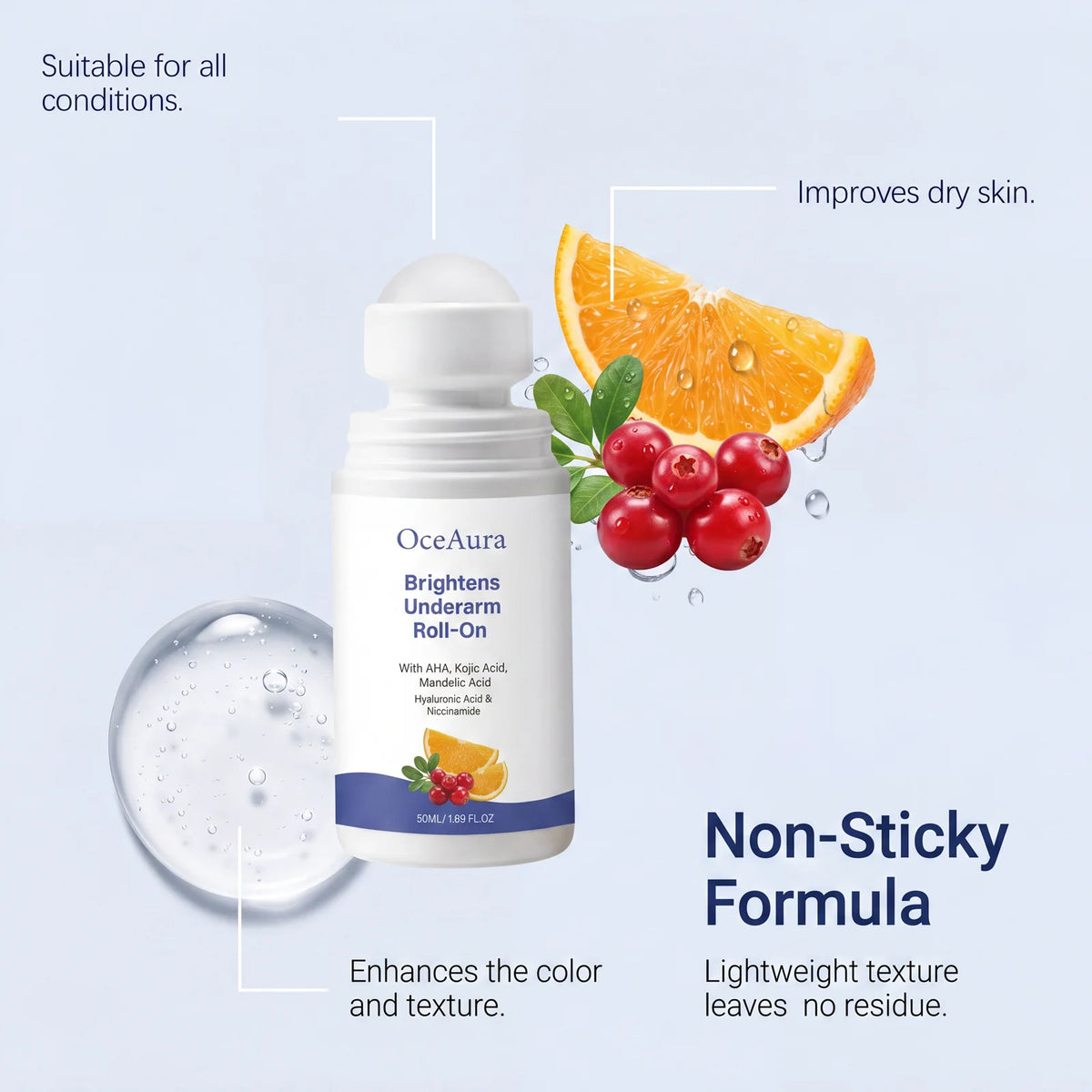 OceAura Kojic Acid Underarm Brightening Deodorant Roller Refresh Body Odor Improve Dark Armpits Underarm Care Roll‑on Deodorant