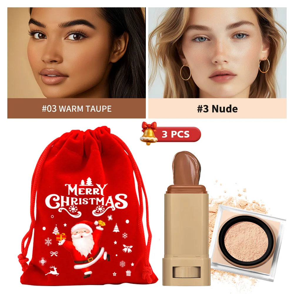 Foundation Stick & Loose Setting Powder Water-Resistant Longwear Full Coverage Oil-Control Beginner Makeup Set Christmas Gift