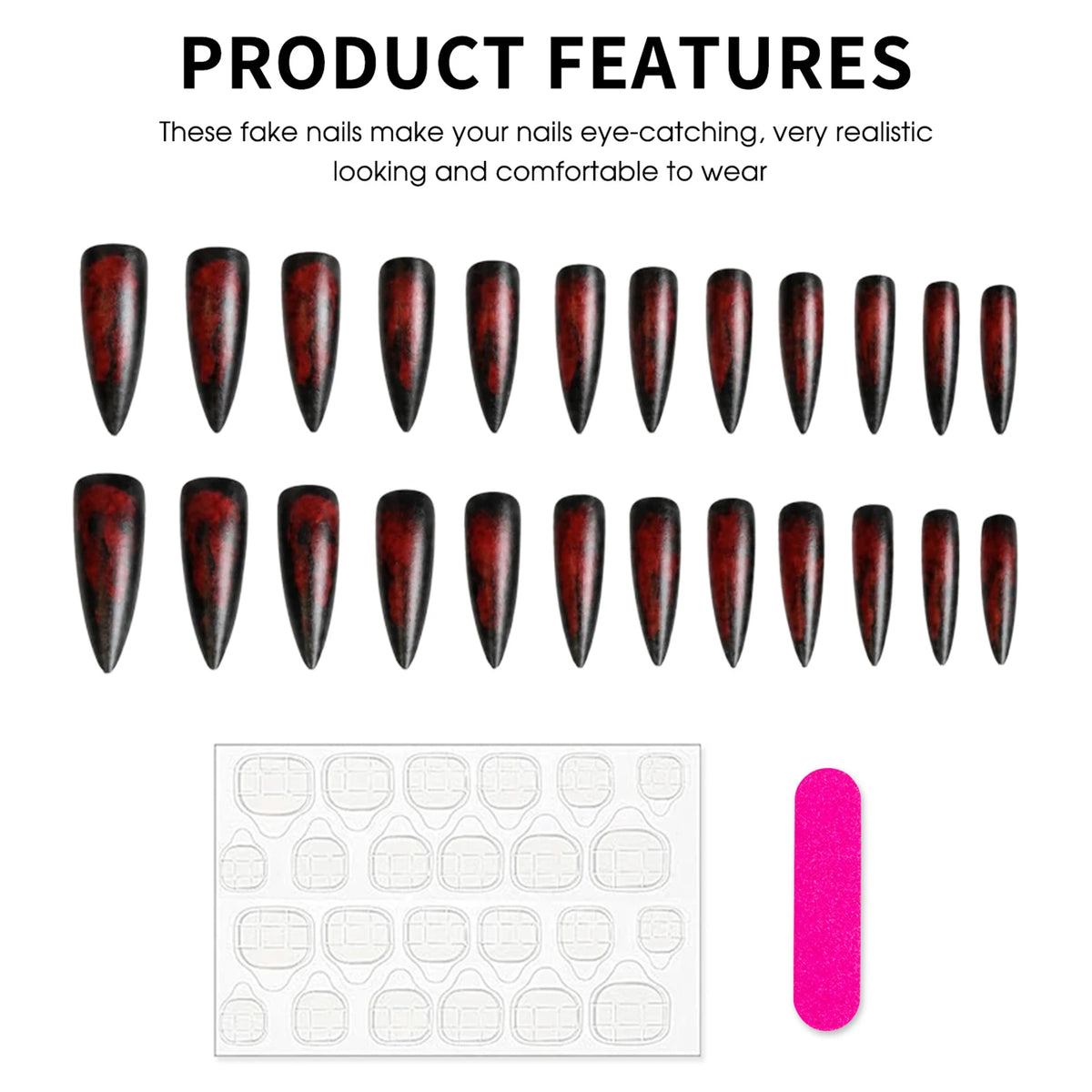 24pcs Halloween Gothic Style Fake Nails Black Red Long Pointed Matte Press On Nail Acrylic Material Hot Girl Wearable False Nail